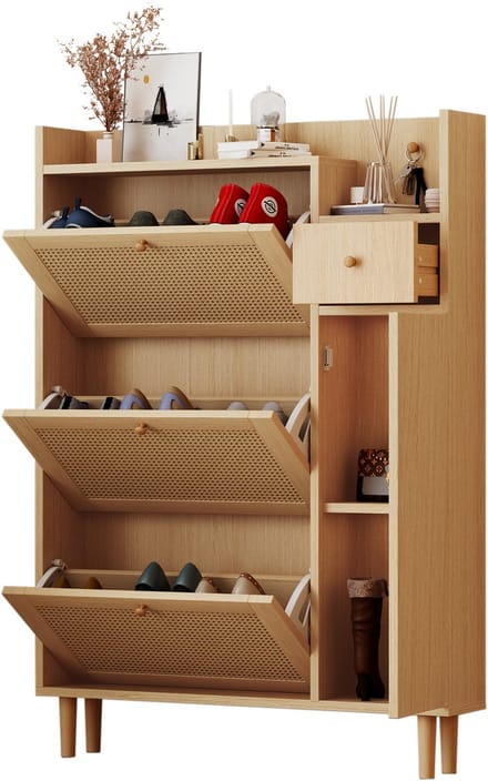 Schoenenkast - Hout met 3 klapdeuren & lade - 90x125x17 cm