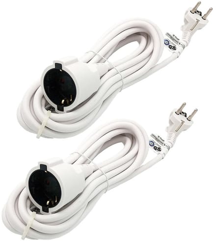 B-Tech Verlengsnoer/verlengkabel - 2x - voor ronde stekkers - wit - 500 cm - Elektra kabels