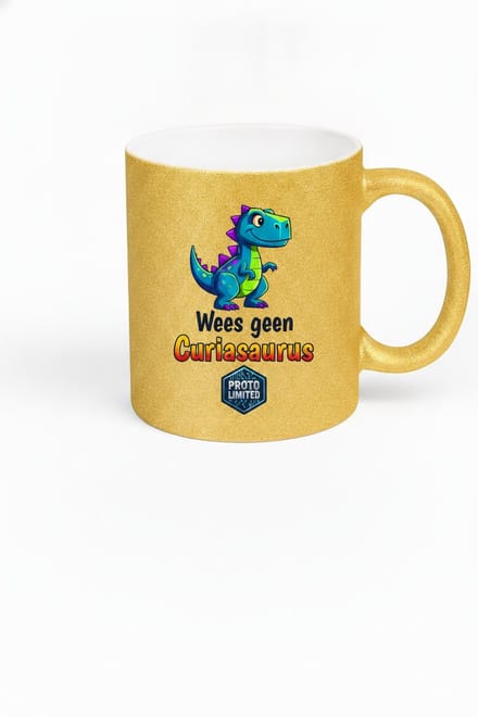 Mok Wees Geen Curiasaurus – Grappige Dinosaurus – Goud Glitter – Keramiek 330 ml