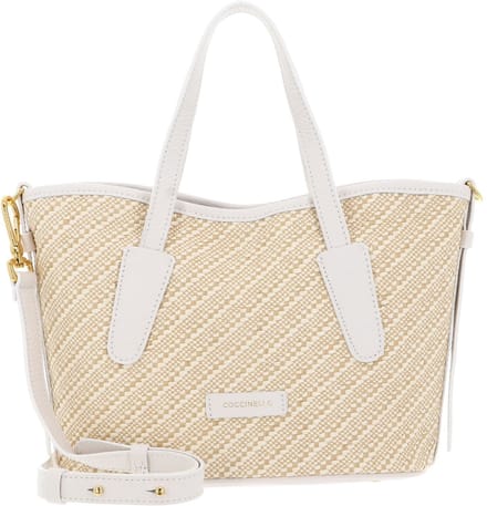 COCCINELLE Leren Handtas Schoudertas New Never Without Bag Handbag Bicolor Straw Mul. Blanco / Blan Beige