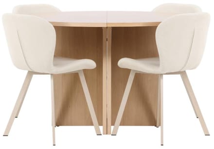 Strada eethoek uittrekbare tafel Ø120cm, 170cm en 4 stoelen whitewash, beige.