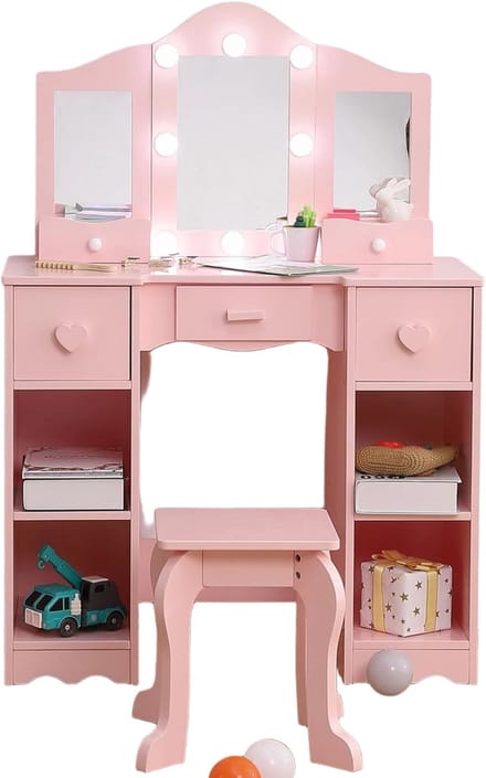 Kinderkaptafel met Drievoudige Spiegel - Met Open Opbergplanken - Roze