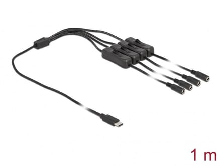 USB-C - 4x DC plug splitter | 5,5 x 2,1mm | max. 5V/3A (15W) | schakelaars | zwart | 1 meter