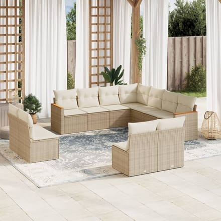vidaXL - 11-delige - Tuinset - met - kussens - poly - rattan - beige