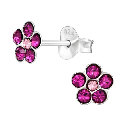 Oorbellen meisje bloem - zilver - donker roze - glitter