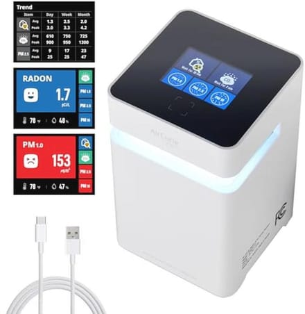 5-in-1 Radondetector en Luchtkwaliteitsmonitor voor Thuis | PM1.0, PM2.5, PM10, CO2, Vochtigheid, Temperatuur