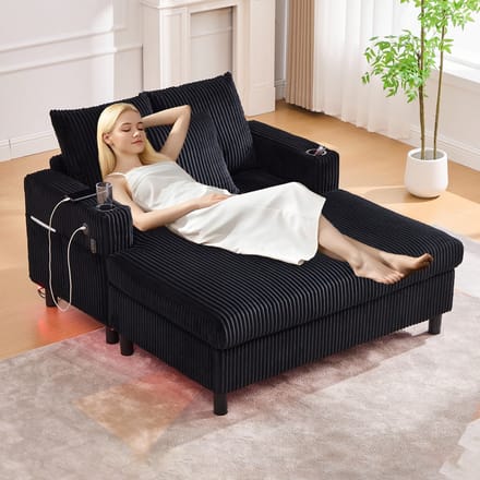 Sweiko Fauteuil - Met bekerhouder - USB-poort - LED-verlichting - Corduroy - Zwart