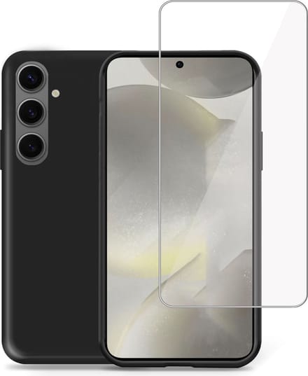 Hoesje + Screenprotector geschikt voor Samsung Galaxy S24 Plus – Tempered Glass - Liquid Back Case Cover Zwart