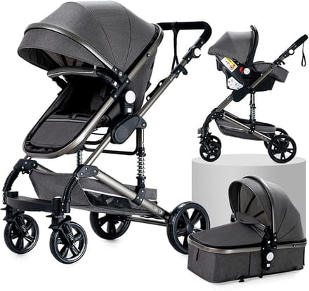 3-in-1 Combi Kinderwagen Wandelwagen en Reiswieg Systeem Grijs
