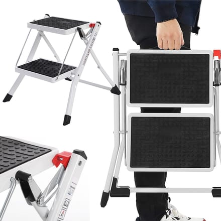 Songmics - Opvouwbare 2-Trede Huishoudladder - 150 kg - Stalen Constructie - Antislip