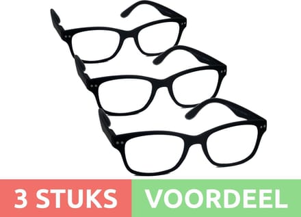 Computer bril - zwart rechthoekig sterkte 0.0 - 3 stuks - blauw licht filter - blue blocker leesbril