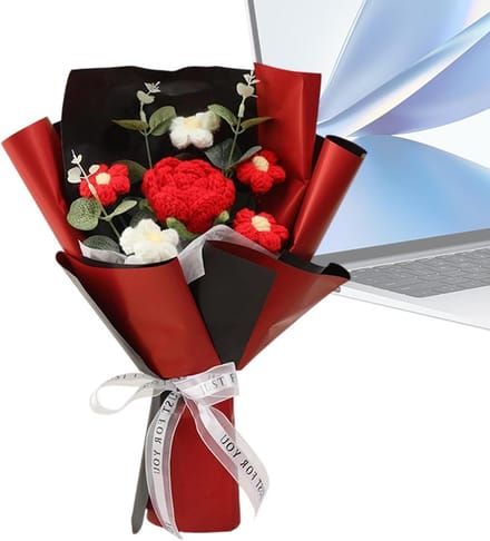 Gehaakt boeket - Kunstbloemen - Woondecoratie - Handgemaakt aandenken - 6 x 26 x 6 cm - Rood