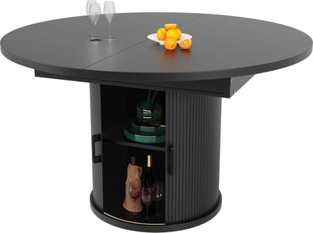 Zwart mdf uitschuifbare ronde eettafel met opbergruimte voor eetkamer 118-158cm