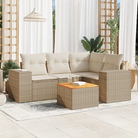 vidaXL - 5-delige - Loungeset - met - kussens - poly - rattan - beige