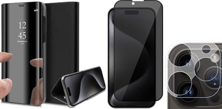 Hoesje geschikt voor iPhone 15 Pro Max - Privacy Screenprotector FullGuard & Camera Lens Screen Protector - Book Case Spiegel Zwart