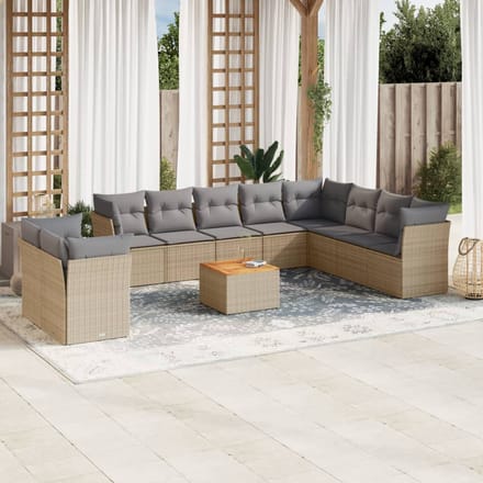 vidaXL - 11-delige - Tuinset - met - kussens - poly - rattan - beige