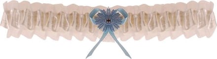 Kousenband ivoor met blauw bloemetje en strass
