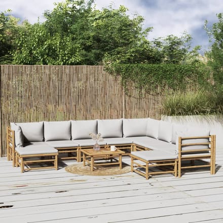 vidaXL - 11-delige - Loungeset - met - kussens - bamboe - lichtgrijs