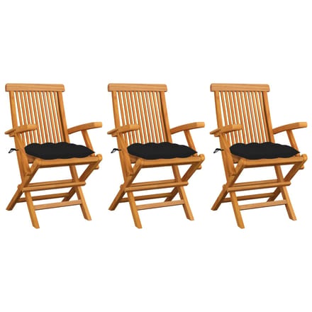 vidaXL - Opklapbare - stoelen - met - zwarte - kussens, - 3 - stuks, - massief - teakhout