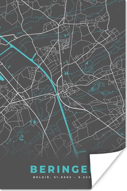 Poster Stadskaart – Grijs - Kaart – Beringen – België – Plattegrond - 120x180 cm XXL