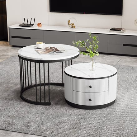 Salontafel set wit marmerlook - Ronde salontafel set van 2 - Nesting salontafel met lades - MDF - Woonkamer