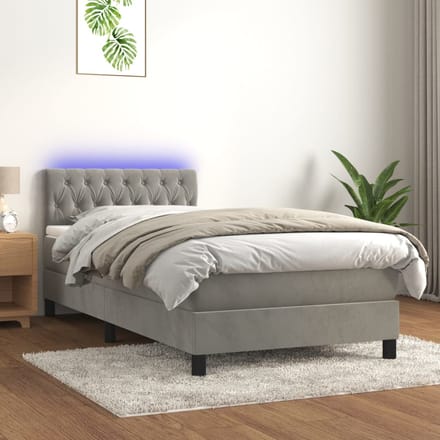 vidaXL - Boxspring - met - matras - en - LED - fluweel - lichtgrijs - 90x190 - cm