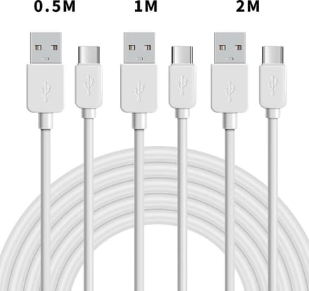 NÖRDIC USB-C naar USB-A kabel - 3 stuks - Set van 0.5m, 1m en 2m - 2.0 oplaadkabel - 2,4 A - 480 Mbps - Wit