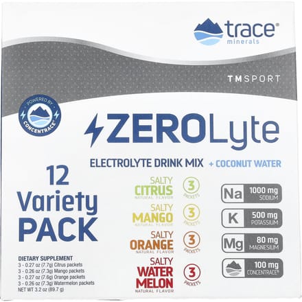 Trace, TM Sport, ZeroLyte, Mélange de boisson électrolytique + Eau de coco, Pack Variété, 12 Sachets, 3,2 oz (87.9 g)