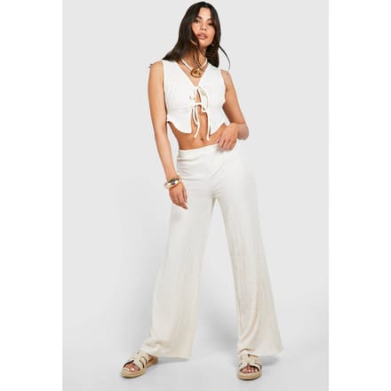 boohoo Dames Textured Crinkle Tie Front Top & Wijde Pijp Broek | Ecru | Maat: 8