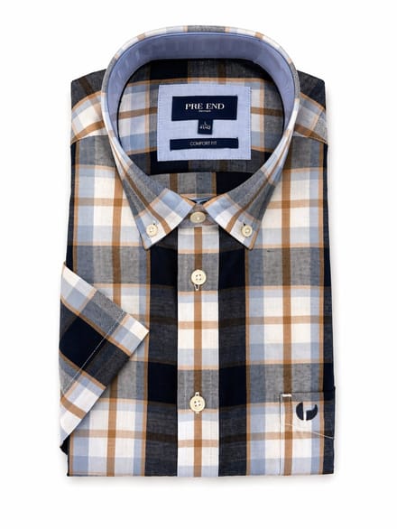 Pre End Overhemd - Korte mouw - Geruit - Strijkvrij - Regular fit - Blauw - Maat L
