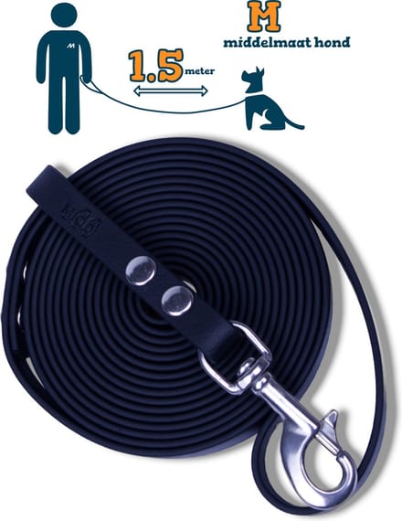 Miqdi hondenriem - BioThane® – zwart – 1.5 meter lang – 13mm breed – M – middelmaat hond