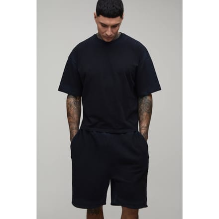 Lang Oversized Gekrompen Spray Naad Wassing T-shirt & Shorts Set | Black | Size Medium