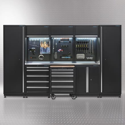Datona® Werkplaatsinrichting PREMIUM met RVS werkblad 325 cm breed - Zwart