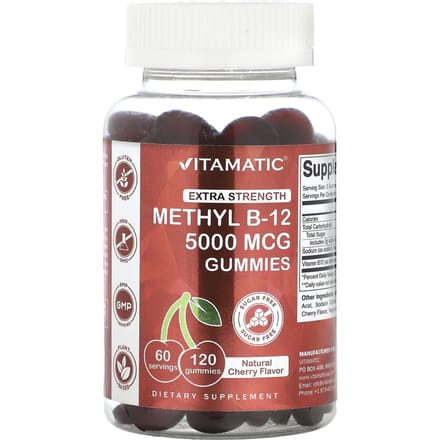 Vitamatic, Méthyl B-12 Gummies, Extra Fort, Cerise Naturelle, 5 000 mcg, 120 Gummies (2 500 mcg par bonbon gélifié)