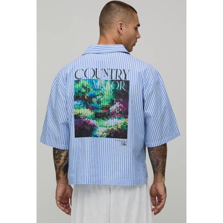 Oversized Short Sleeve Poplin Stripe Polo Shirt | Blue | Size XL