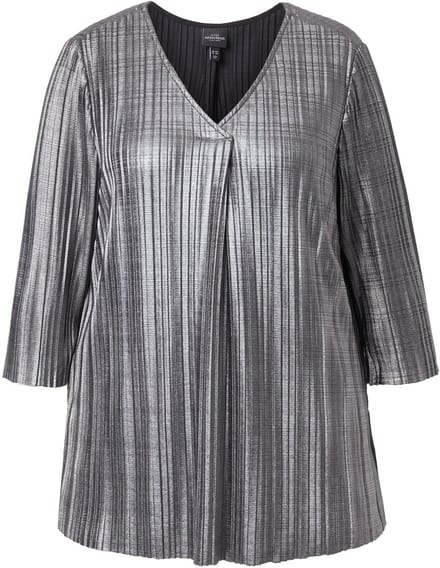 Ulla Popken - Dames - Plissé-blouse A-lijn V-hals 3/4-mouwen - Zilver - Maat 58+