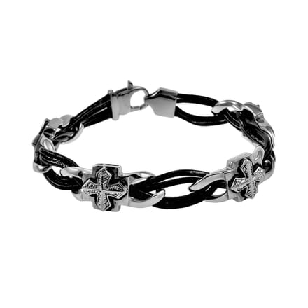 Armband Heren - Zwart Leren Armband met RVS Kruis-Schakels