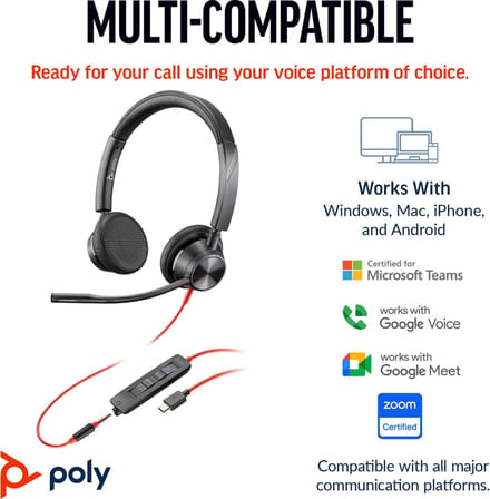 HP Poly Blackwire C3325 On Ear headset Computer Kabel Stereo Zwart Ruisonderdrukking (microfoon) Headset, Volumeregelin