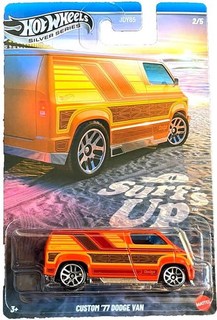 HOT WHEELS CUSTOM '77 DODGE VAN ORANGE STRIPE 1:64 HW VINTAGE SILVER SERIES 2/5 SURF'S UP