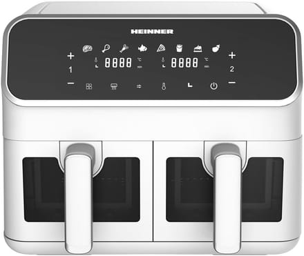 Heinner DualFry Supreme Dubbele Heteluchtfriteuse – 1700W – 8L Totale Capaciteit – Digitaal Display – Touchbediening – 8 Programma’s – SYNC & MATCH – Temperatuur 80–200°C – Wit – 3 Jaar Garantie