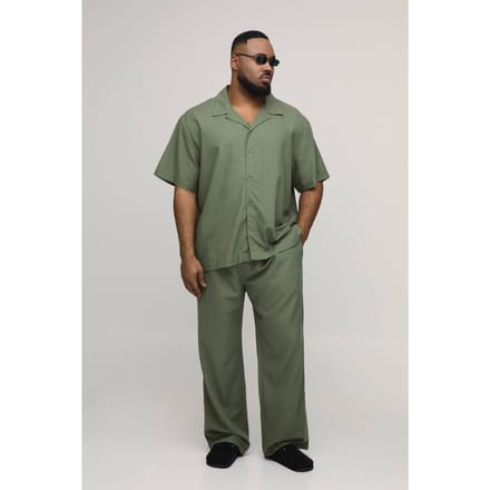 Plus Vakantie Linnen Blend Oversized Shirt & Ontspannen Broek Set | Olive | Size 2XL