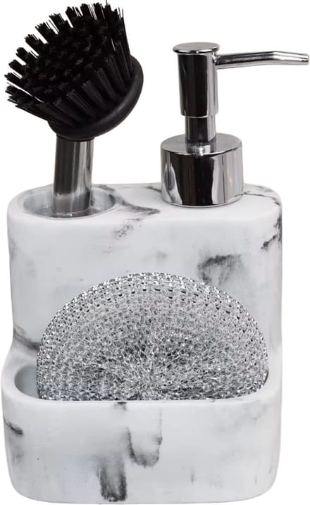 Zeepdispenser met Borstel en Stalen Schuurspon - Wit Marmerlook
