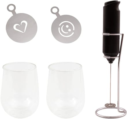 Point-Virgule cappuccino set 2 dubbelwandige glazen 250ml met melkopschuimer en stencil