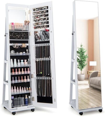 Sieradenkast Spiegels - Organizer Meubel - Sieraden Opbergen - Met LED Verlichting - 163 cm Hoog - Wit