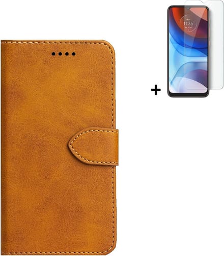 Hoesje Geschikt voor Motorola Moto E20 - Screenprotector Motorola Moto E20 - Wallet Bookcase Cognac Bruin + Screenprotector