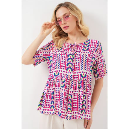 Patroon Blouse met Ronde Hals en Strikdetail