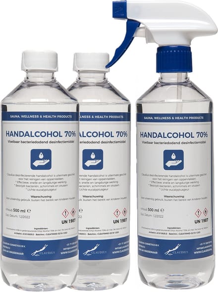 Handalcohol 70% - 500 ml met spraykop + 2x 500 ml met dop