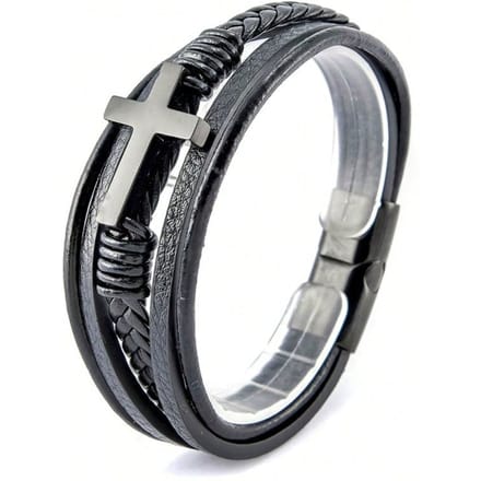 Roestvrij Staal Kruis Mode Armband Meerlaags Geweven Leer Armband Mannen black 23cm veelkleurig