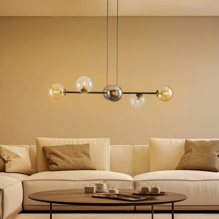 EMIBIG LIGHTING Hanglamp Glassy, 6-lamps, grafiet/amber/helder, glas, 110 cm