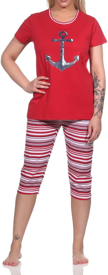 Damespyjama Capri korte mouwen met ankermotief en strepen - 122 204 10 755